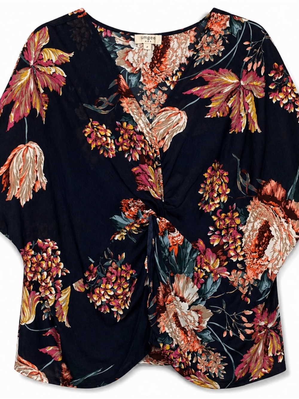 Umgee Blue Floral Knotted Front V Neck Short Sleeve Shirt Small